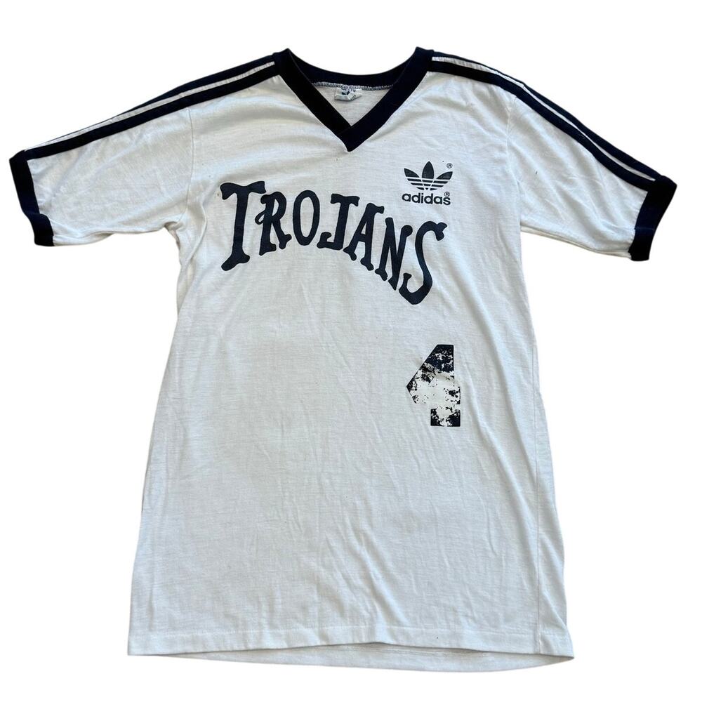 Vintage Adidas Trojans USC T-Shirt Mens L V neck Ringer Triple Stripe 1970s 80s